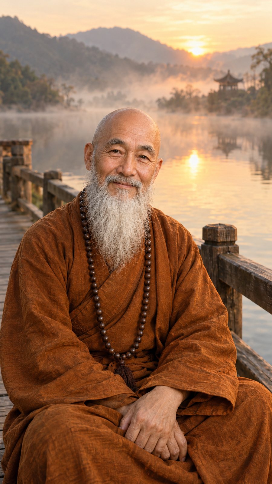 The monk sitting on a wooden bridge over a misty lake at dawn