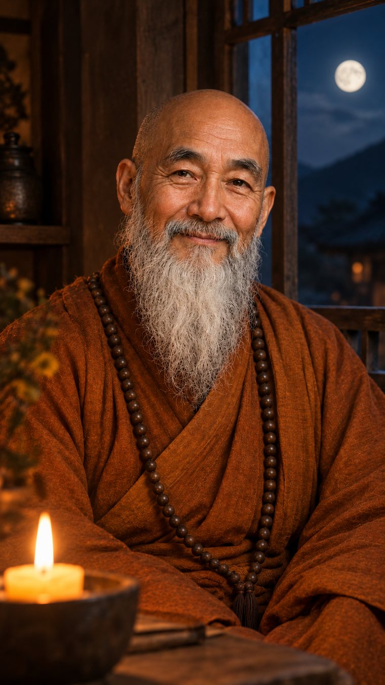 The monk sitting by a window at night, a single candle lit